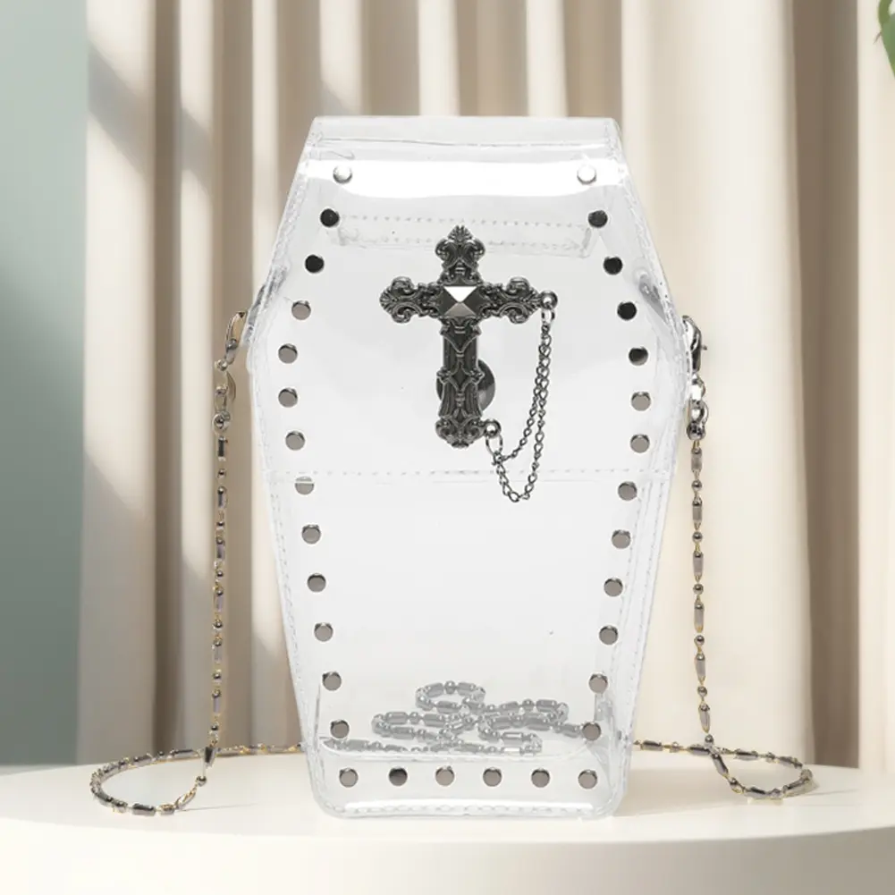 Women Clear Jelly Satchel Bag PVC Mini Punk Chain Bag Cross Coffin Sling Bag Stadium Approved Phone Bag