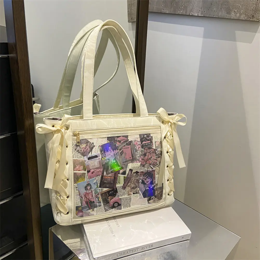 Women PU Leather Y2K Tote Bag Bow Ribbon Transparent Handbag Large Capacity Shoulder Underarm Pouch Travel Shopping Hobo Bags