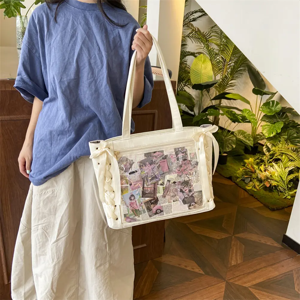 Women PU Leather Y2K Tote Bag Bow Ribbon Transparent Handbag Large Capacity Shoulder Underarm Pouch Travel Shopping Hobo Bags