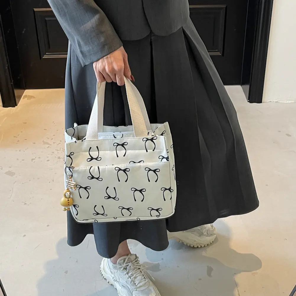 Canvas Lunch Bag with Handle Bow Print Tote Bag Casual Handbag Women Work Bento Bag Picnic Beach Large Capacity Hobo Handbag