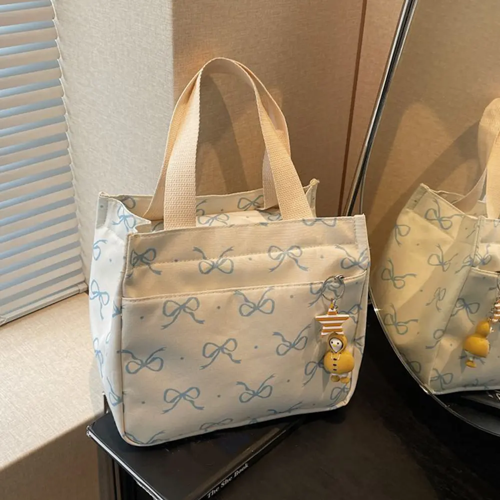 Canvas Lunch Bag with Handle Bow Print Tote Bag Casual Handbag Women Work Bento Bag Picnic Beach Large Capacity Hobo Handbag