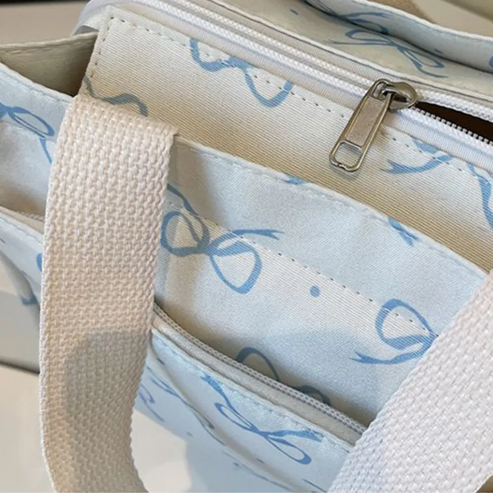 Canvas Lunch Bag with Handle Bow Print Tote Bag Casual Handbag Women Work Bento Bag Picnic Beach Large Capacity Hobo Handbag
