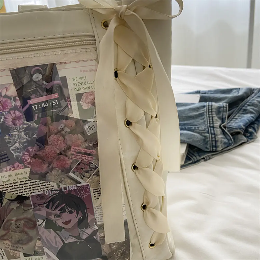 Women PU Leather Y2K Tote Bag Bow Ribbon Transparent Handbag Large Capacity Shoulder Underarm Pouch Travel Shopping Hobo Bags