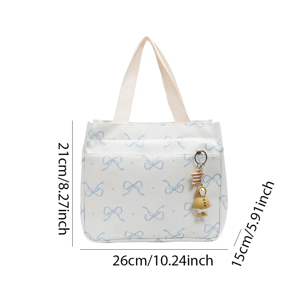 Canvas Lunch Bag with Handle Bow Print Tote Bag Casual Handbag Women Work Bento Bag Picnic Beach Large Capacity Hobo Handbag