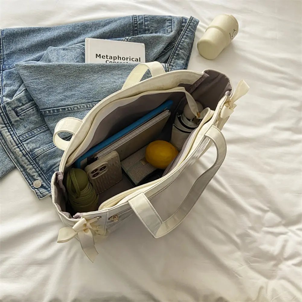 Women PU Leather Y2K Tote Bag Bow Ribbon Transparent Handbag Large Capacity Shoulder Underarm Pouch Travel Shopping Hobo Bags
