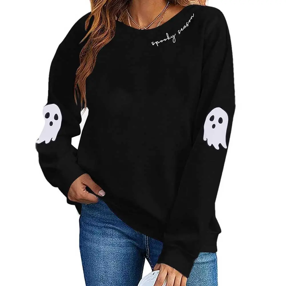 Halloween Sweatshirts Spooky Funny Long Sleeve Fall Crewneck Pullovers Ghost Embroidered Pullover Tops Autumn Women Clothing