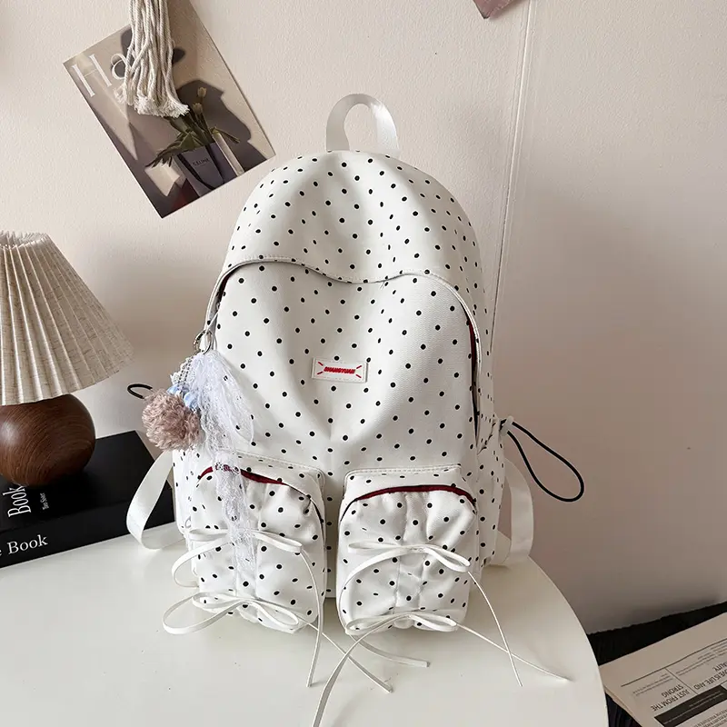 Women Student School Bookbag Large Capacity Polka Dot Print Backpack Casual Rucksack Cute Sweet Daypack Camping Picnic Knapsack