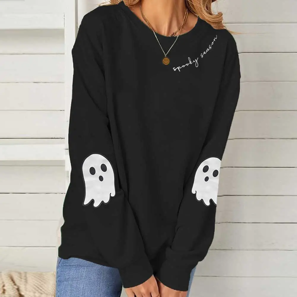 Halloween Sweatshirts Spooky Funny Long Sleeve Fall Crewneck Pullovers Ghost Embroidered Pullover Tops Autumn Women Clothing