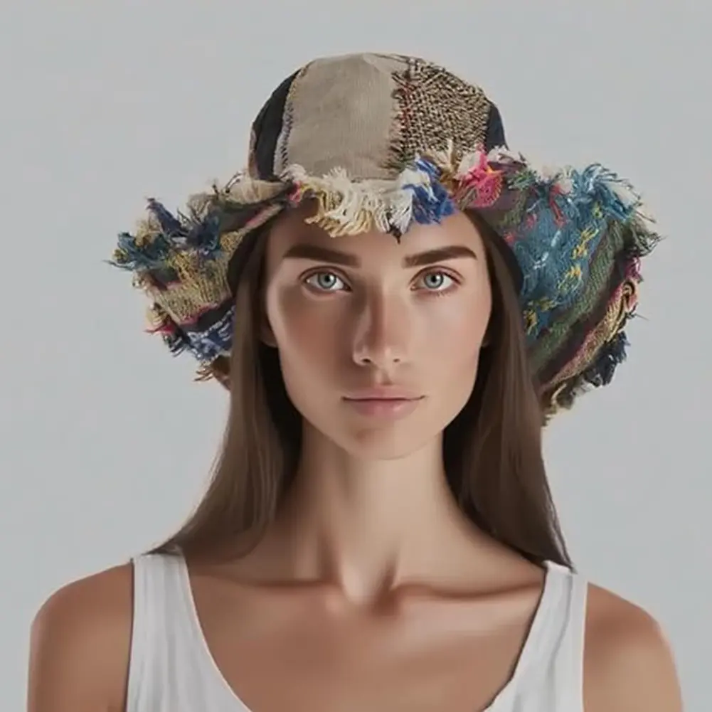 Patchwork Mushroom Hemp Hat with Hidden Pocket Wide Brim Bohemian Ethnic Bucket Hat Headwear Outdoor Travel Beach Sun Caps