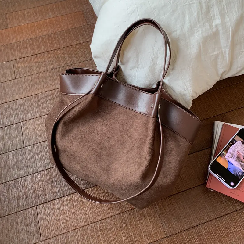 Vintage Suede Leather Tote Handbag Luxury Designer Hobo Shoulder Bag Large Capacity Bucket Bag Causal Retro Top-Handle Bags ﻿