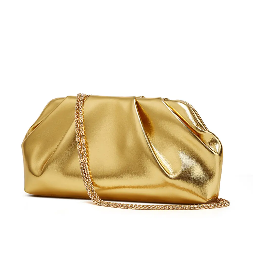 Women Pleated PU Clutch Purses Chain Strap Shoulder Bag Party Evening Bag Luxury Designer Handbag Special Gold Crossbody Bags