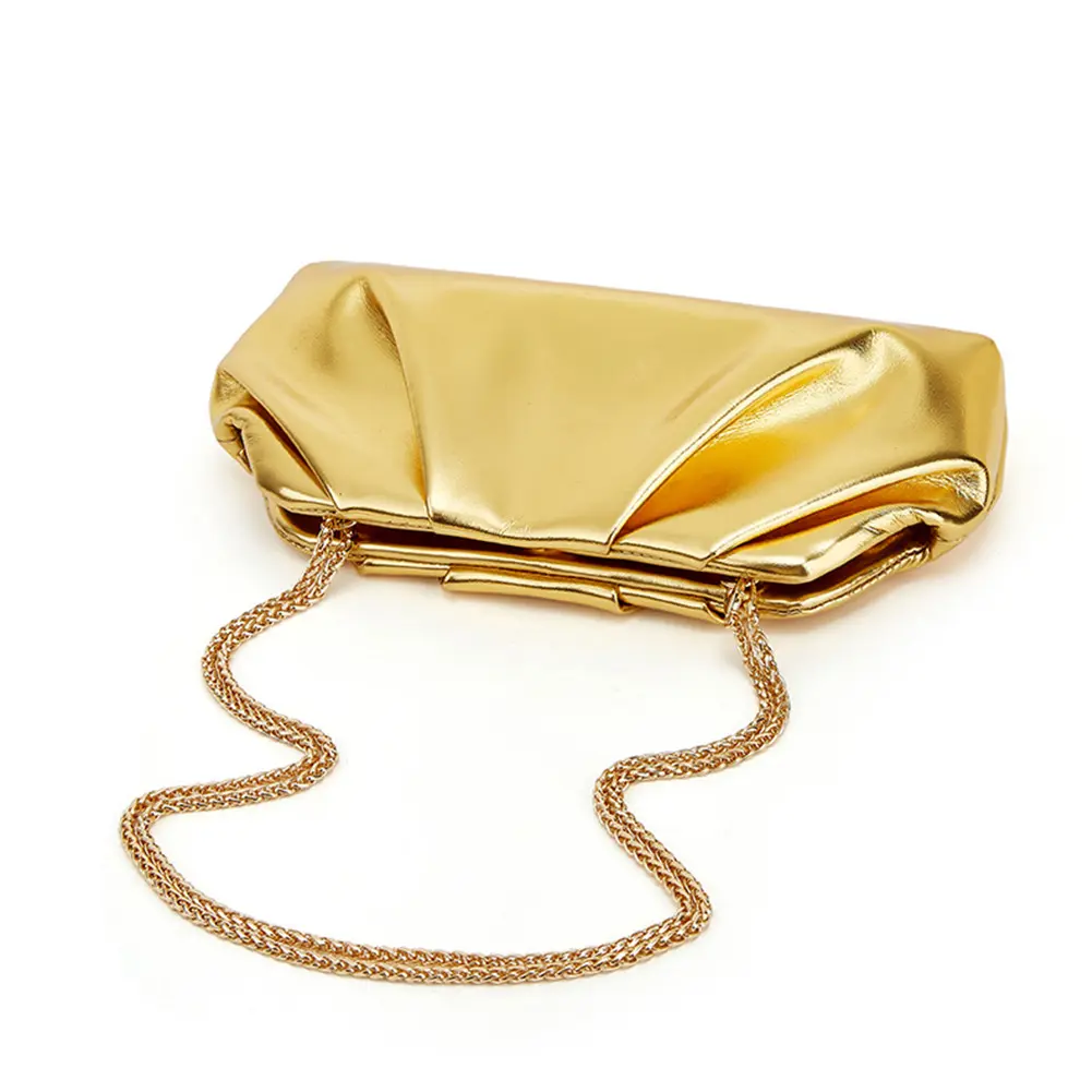 Women Pleated PU Clutch Purses Chain Strap Shoulder Bag Party Evening Bag Luxury Designer Handbag Special Gold Crossbody Bags