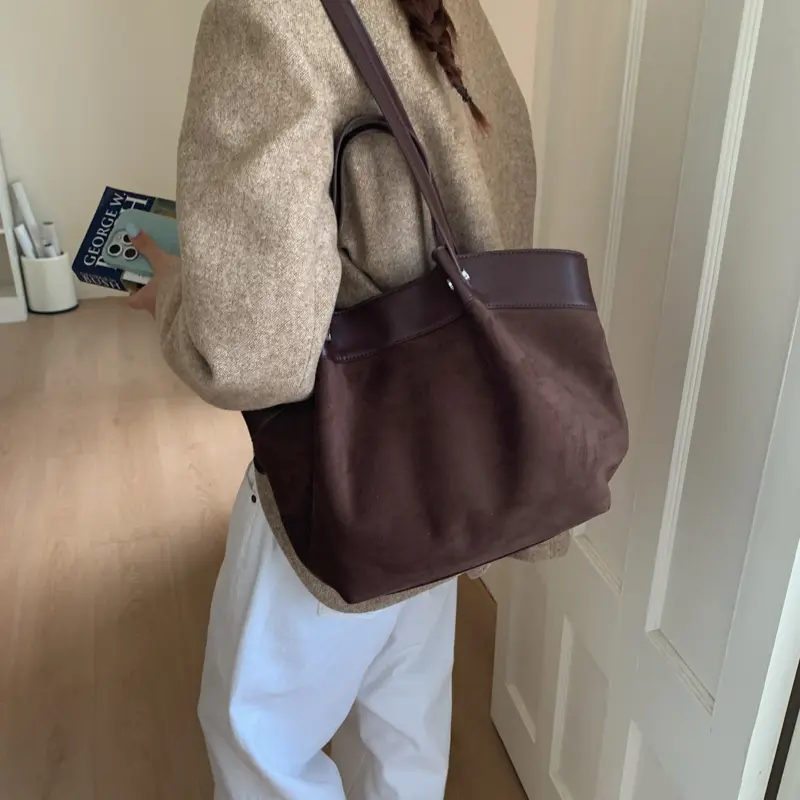 Vintage Suede Leather Tote Handbag Luxury Designer Hobo Shoulder Bag Large Capacity Bucket Bag Causal Retro Top-Handle Bags ﻿