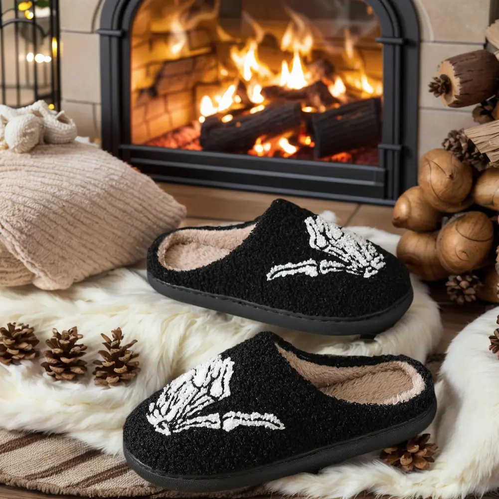 Halloween Funny Skeleton Slippers Non Slip Warm Cotton Slippers Winter Soft Plush Slides Indoor Home Comfortable Fluffy Shoes