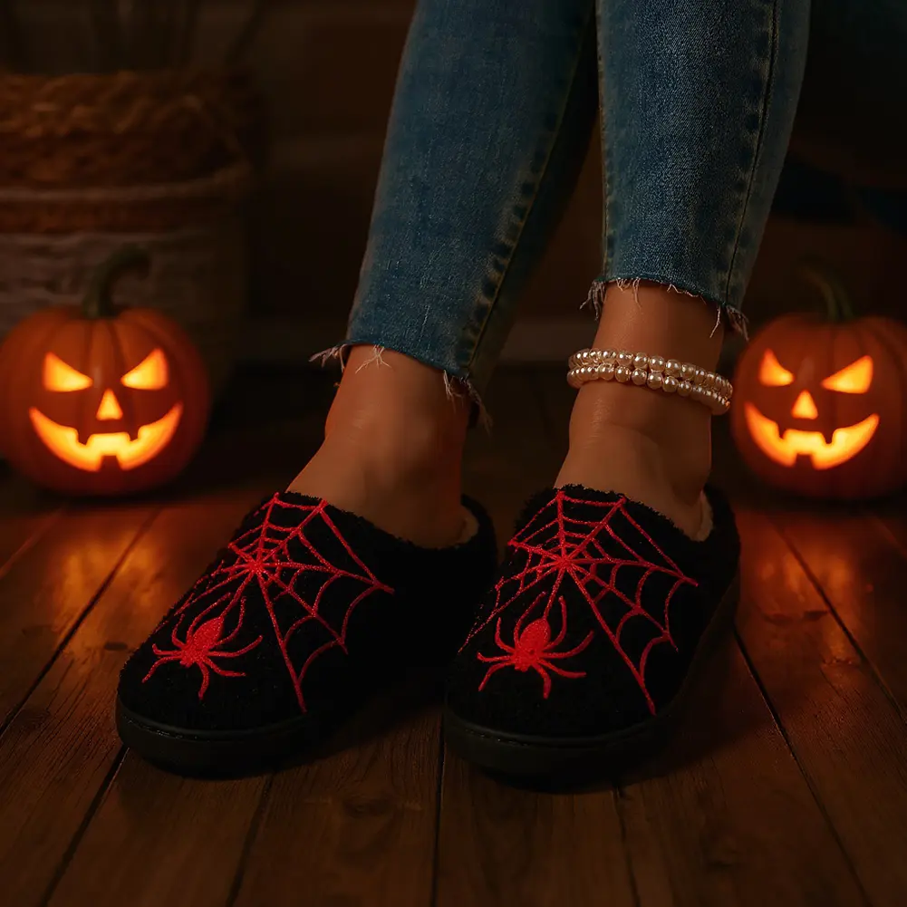 Halloween Funny Skeleton Slippers Non Slip Warm Cotton Slippers Winter Soft Plush Slides Indoor Home Comfortable Fluffy Shoes