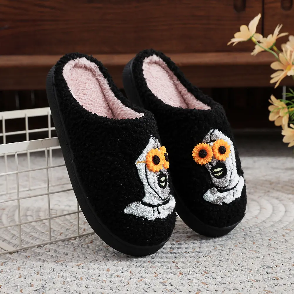 Halloween Funny Skeleton Slippers Non Slip Warm Cotton Slippers Winter Soft Plush Slides Indoor Home Comfortable Fluffy Shoes