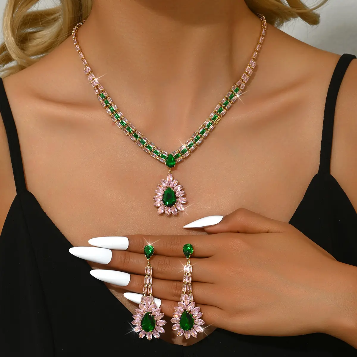 3PC Women's Fashion Zircon Series Water Drop Leaf Necklace Earrings Jewelry Set Suitable for Wedding, Party, Festival Gifts-8559