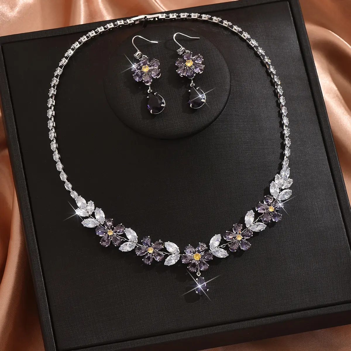 3PC Women's Fashion Zircon Series Forest Flower Leaf Necklace Earrings Jewelry Set, Suitable for Party and Festival Decoration