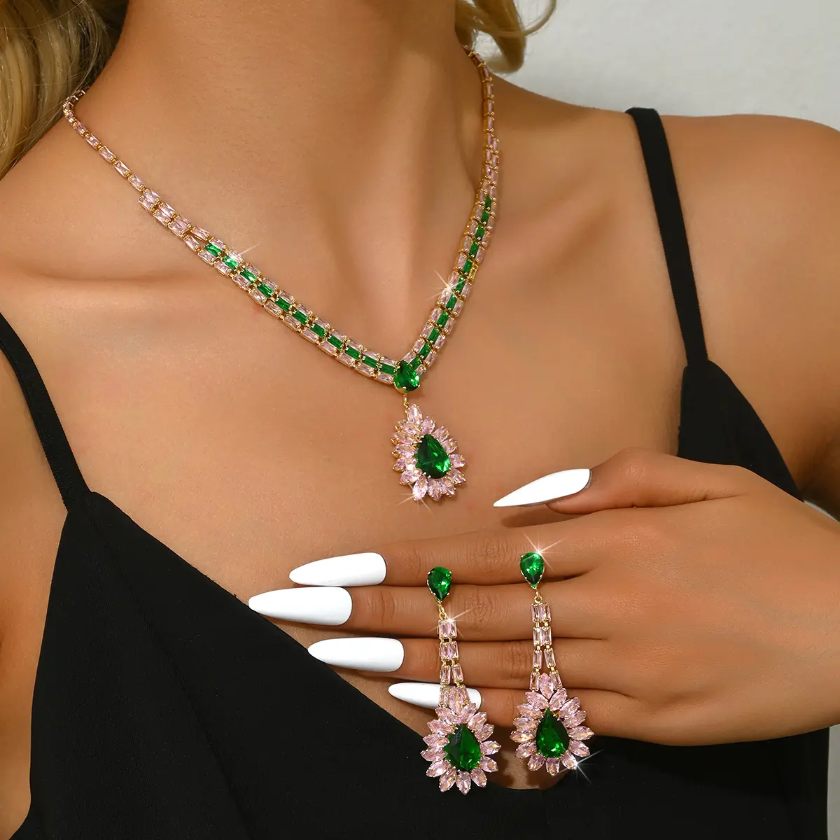 3PC Women's Fashion Zircon Series Water Drop Leaf Necklace Earrings Jewelry Set Suitable for Wedding, Party, Festival Gifts-8559