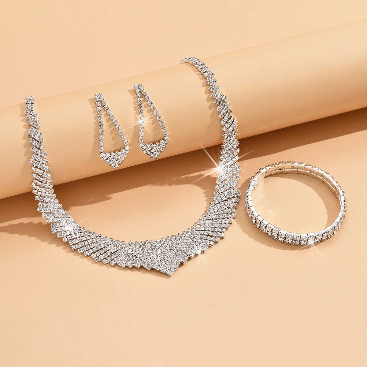 4PC Women's Fashion Geometric Necklace Earrings Bracelet Jewelry Set Suitable for Wedding, Party, Festival Gifts-4070
