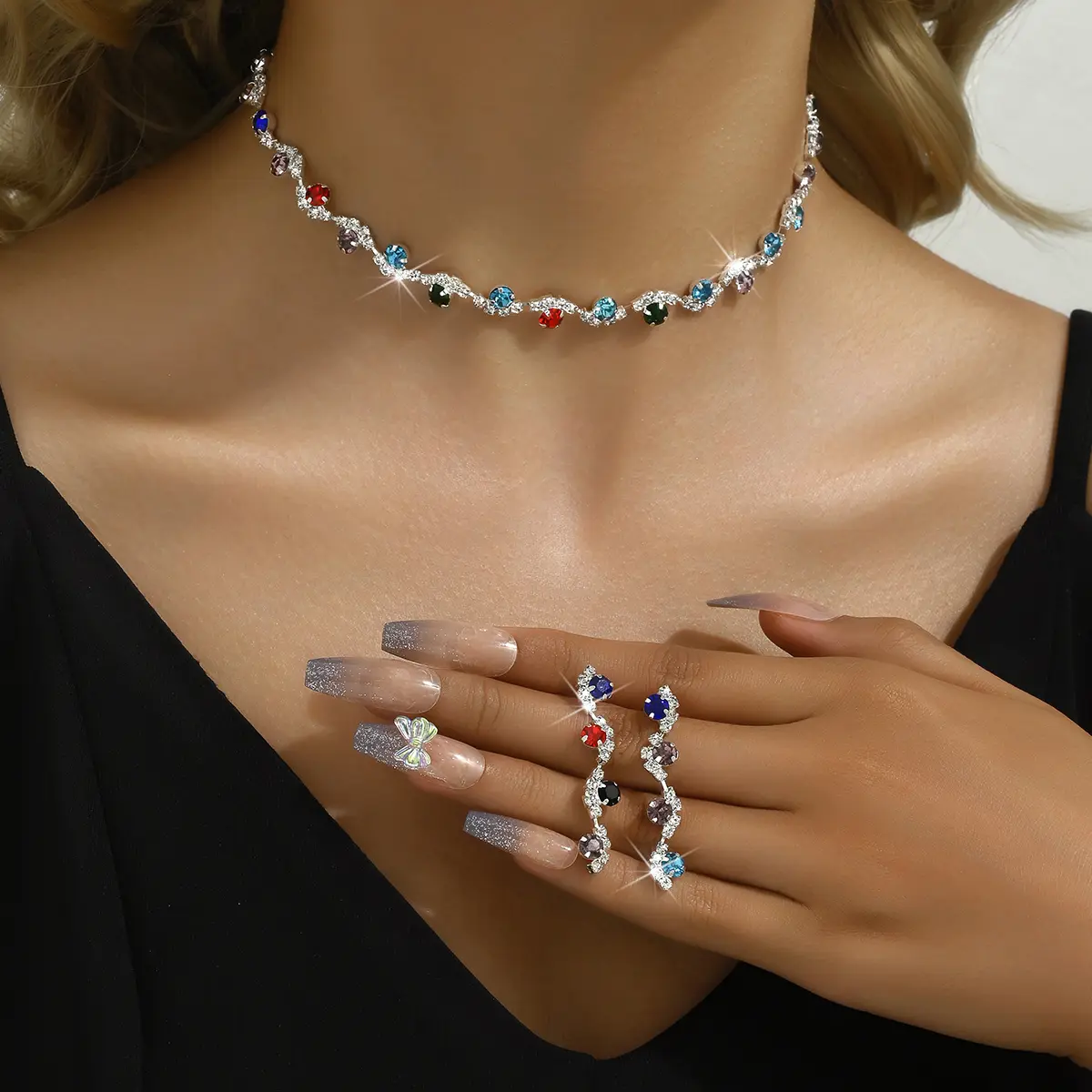 3PC Simple Copper Claw Chain Multi Color Rhinestone Necklace Earrings Jewelry Set Wedding Collection Date Accessories -4084