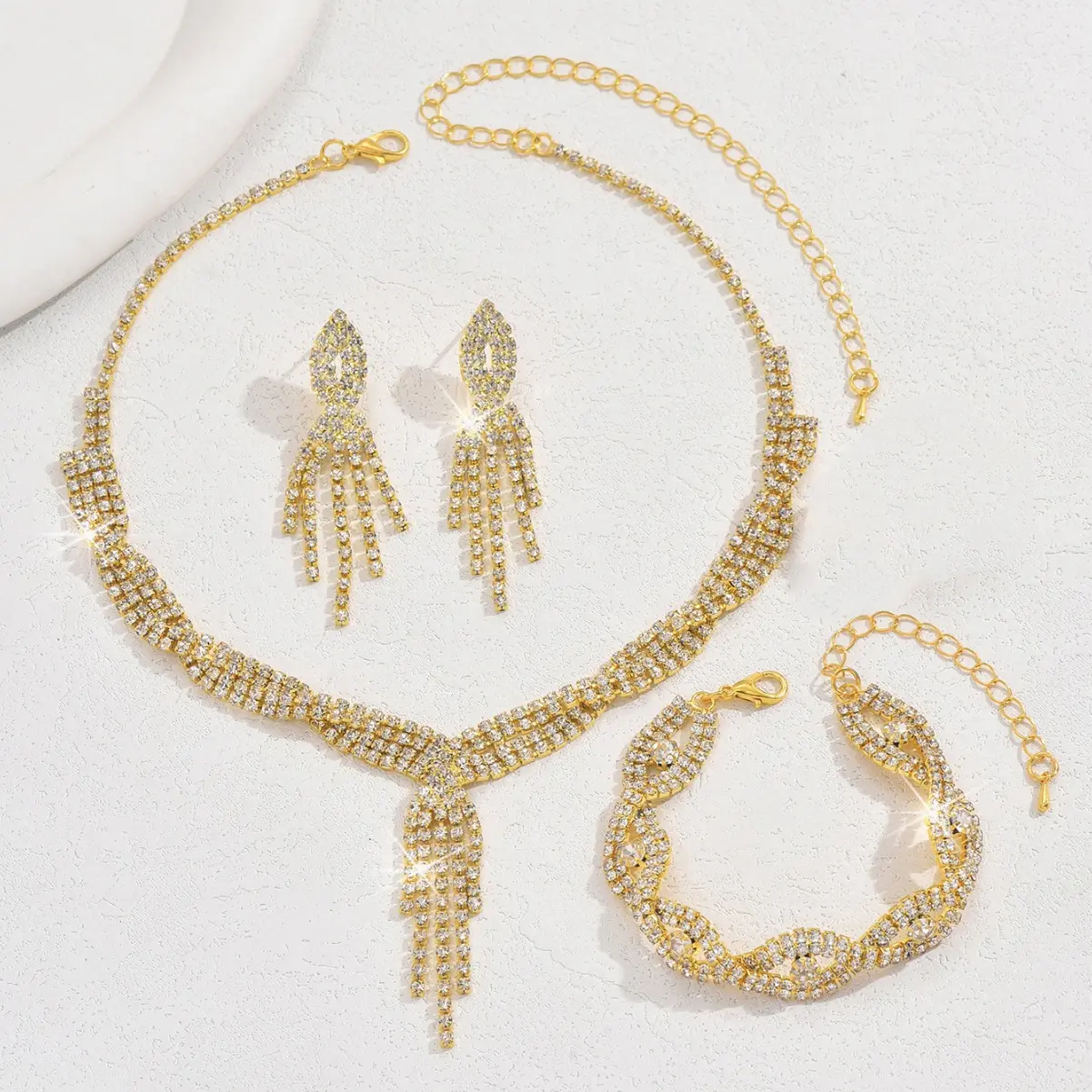 4PC Women's Fashion Design Tassel Water Drop Necklace Earrings Bracelet Jewelry Set Suitable for Wedding, Party, Festival Gifts
