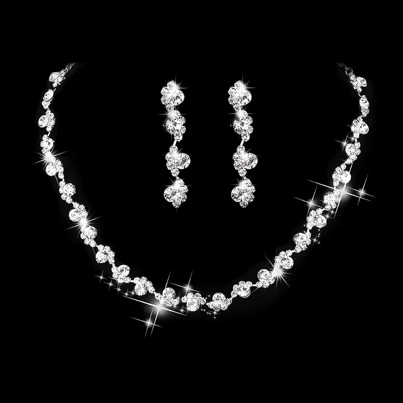 3PC Simple Copper Claw Chain Multi Color Rhinestone Necklace Earrings Jewelry Set Wedding Collection Date Accessories -4084