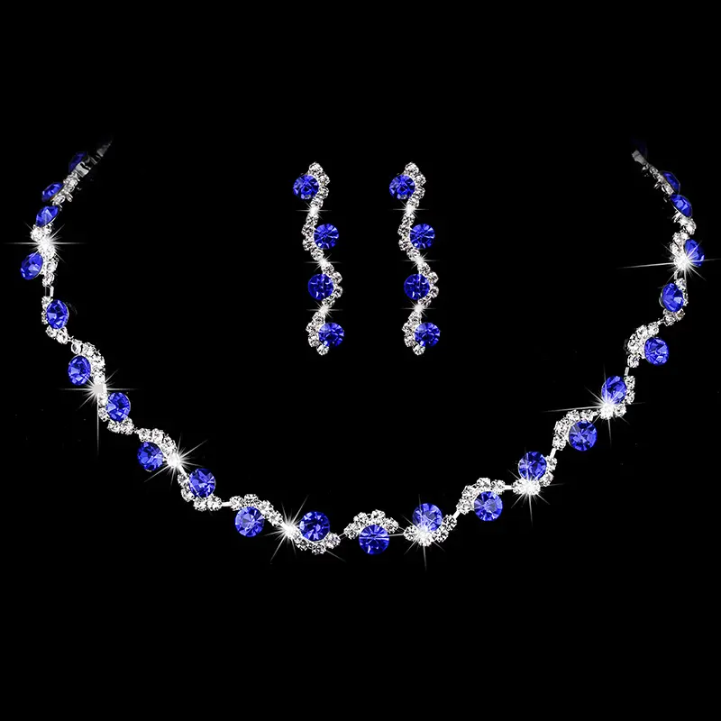 3PC Simple Copper Claw Chain Multi Color Rhinestone Necklace Earrings Jewelry Set Wedding Collection Date Accessories -4084
