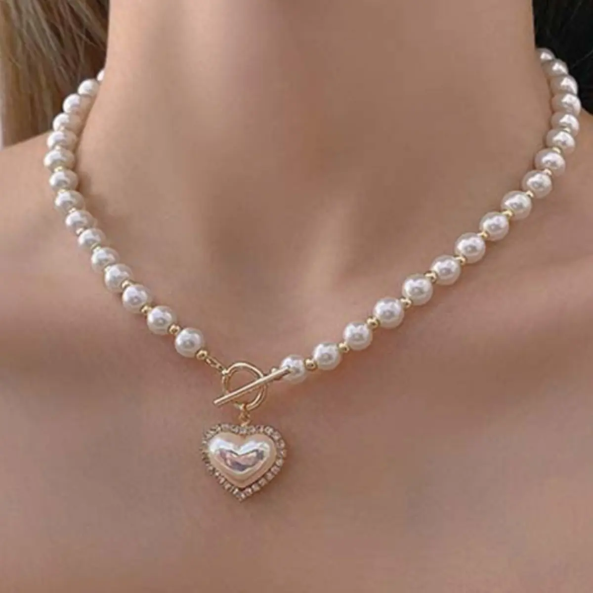 1PC Women's Fashion Imitation Pearl Peach Heart Pendant Necklace Jewelry Suitable for Date, Party, Festival Gift