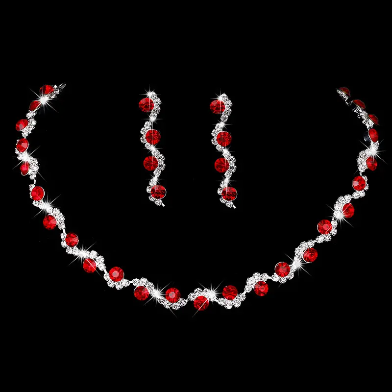 3PC Simple Copper Claw Chain Multi Color Rhinestone Necklace Earrings Jewelry Set Wedding Collection Date Accessories -4084