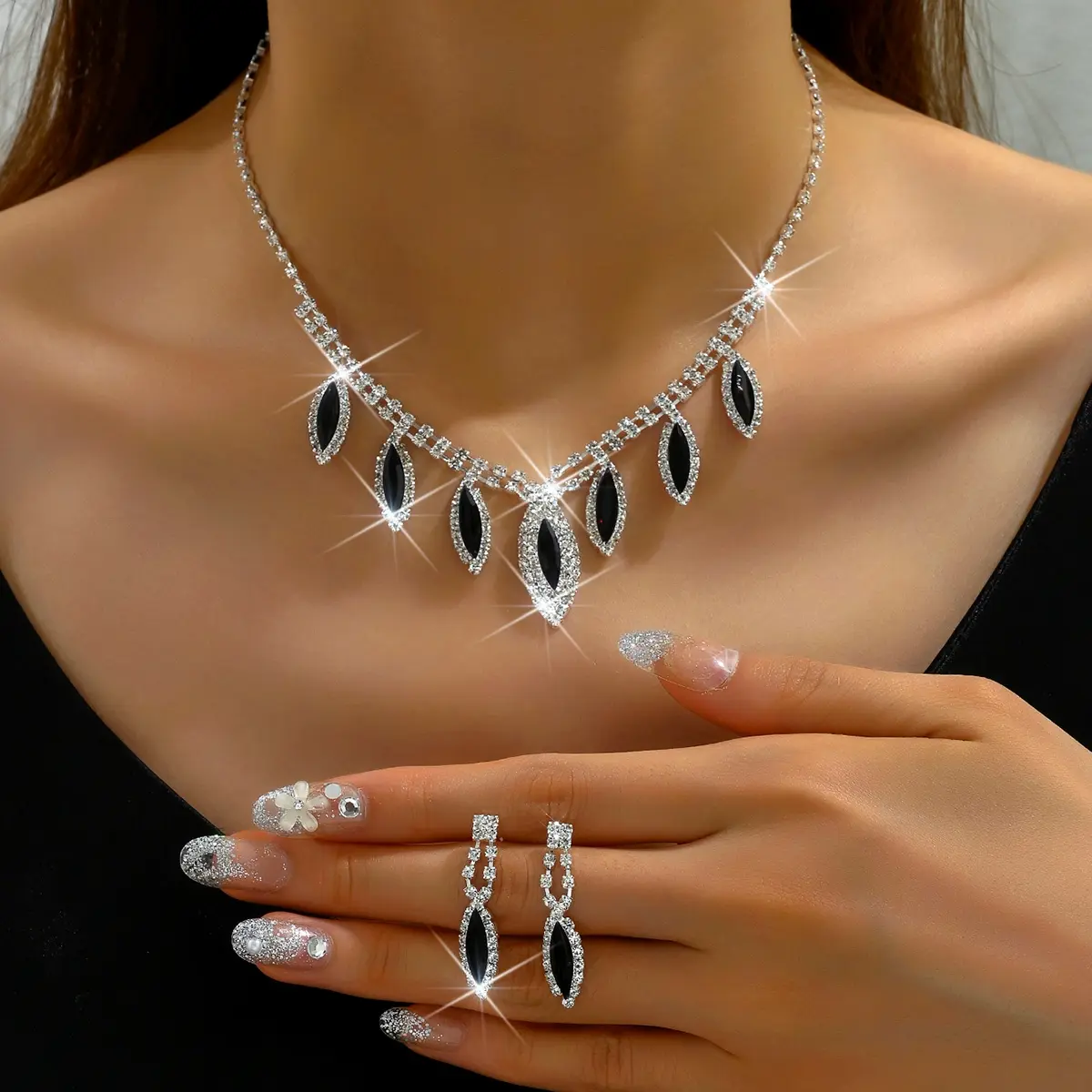 3PC Women's Fashion Copper Inlaid Claw Chain Water Drop Necklace Earrings Jewelry Set Wedding Party Festival Gift-8310