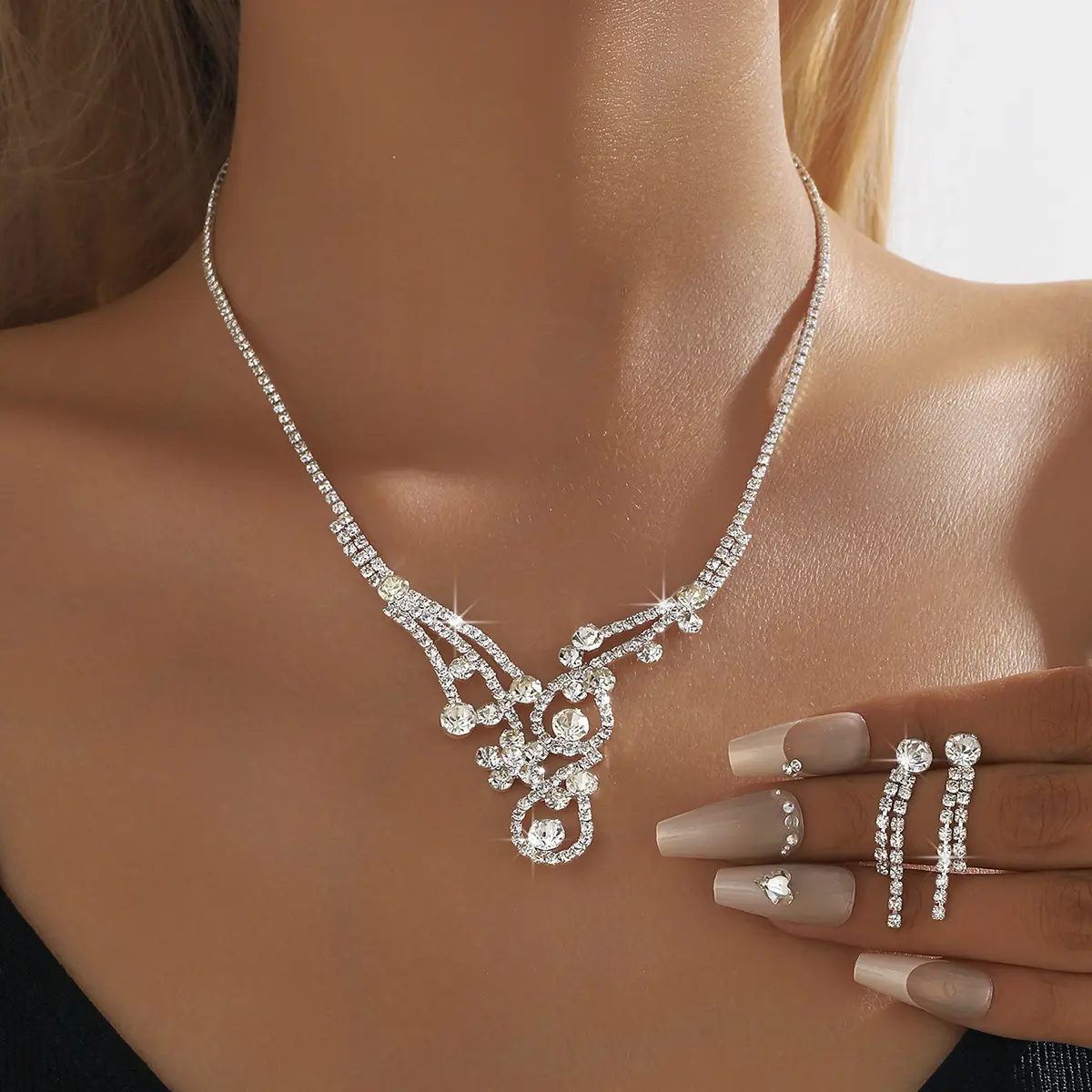 3PC women's fashionable rhinestone necklace earrings jewelry set, suitable for weddings, parties, and holiday gifts