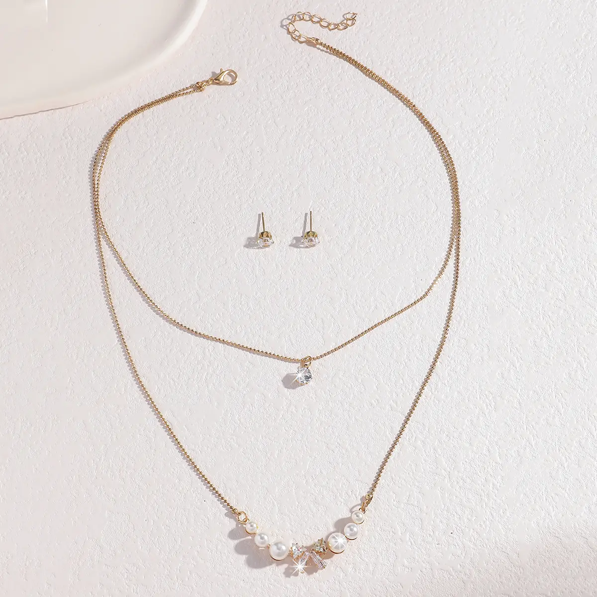 3PC women's fashionable and simple multi-layer pearl bow necklace, earring jewelry set, daily wear, party and holiday gifts
