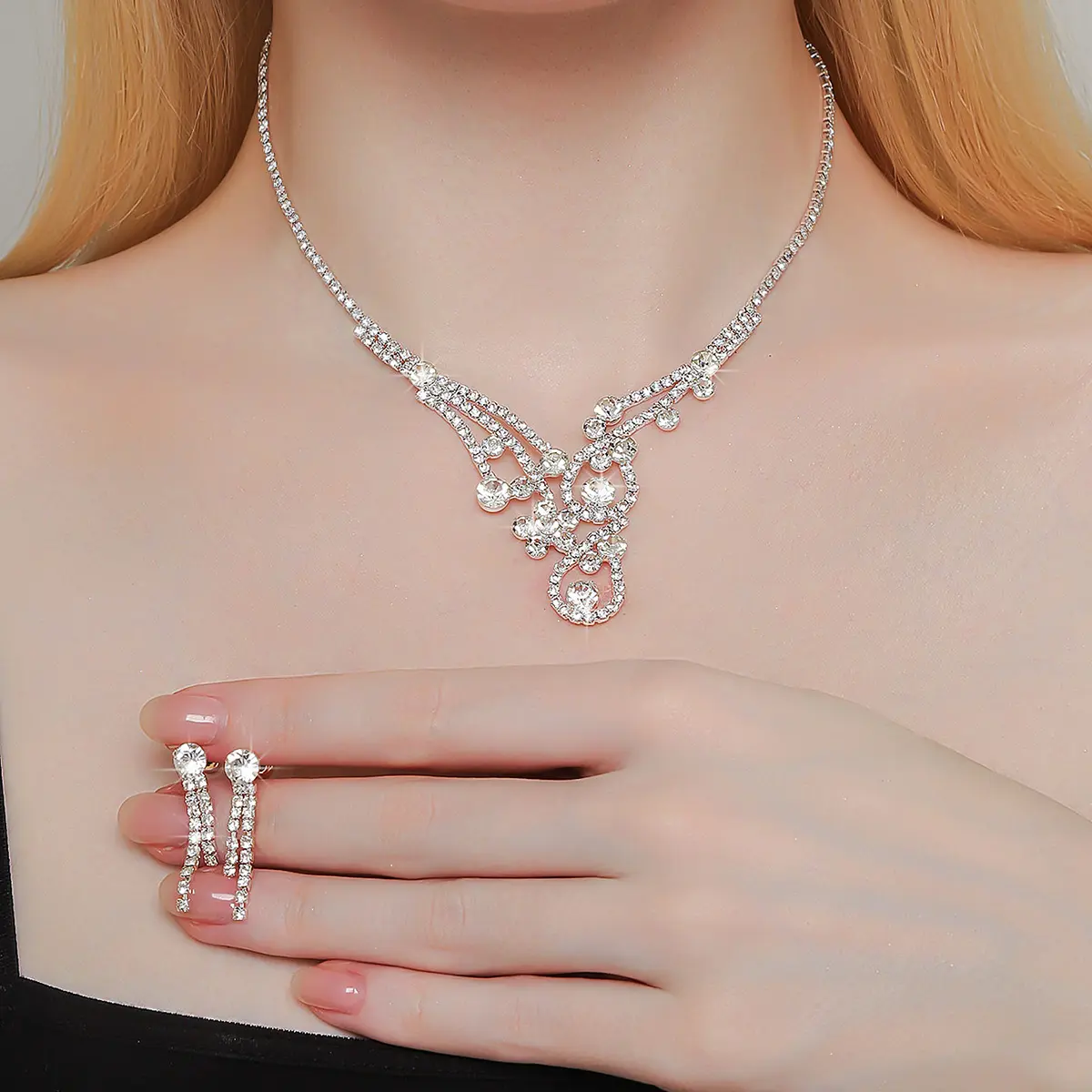 3PC women's fashionable rhinestone necklace earrings jewelry set, suitable for weddings, parties, and holiday gifts