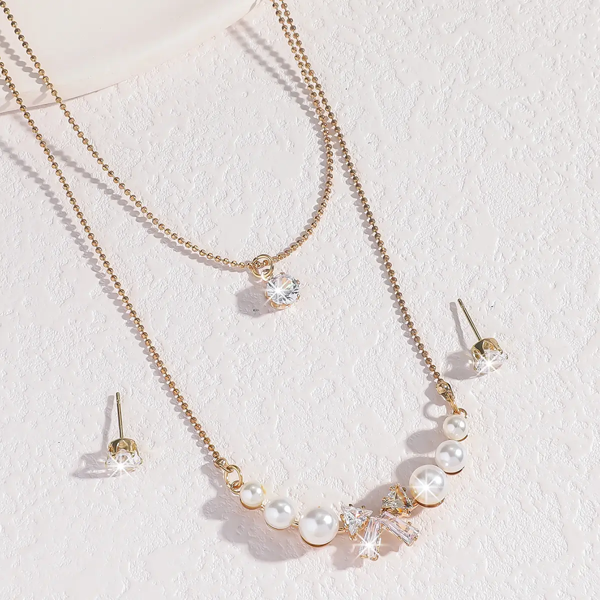 3PC women's fashionable and simple multi-layer pearl bow necklace, earring jewelry set, daily wear, party and holiday gifts