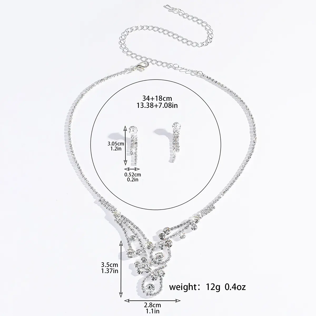 3PC women's fashionable rhinestone necklace earrings jewelry set, suitable for weddings, parties, and holiday gifts
