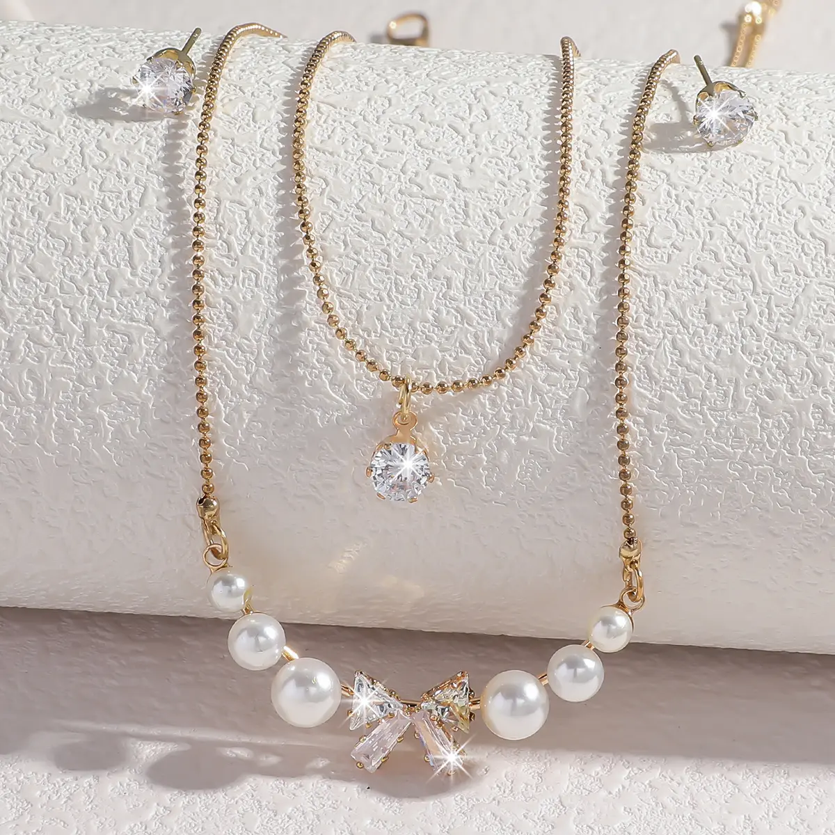 3PC women's fashionable and simple multi-layer pearl bow necklace, earring jewelry set, daily wear, party and holiday gifts