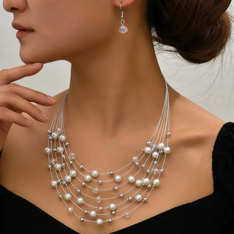 3PC Women's Fashion Imitation Pearl Necklace Earrings Jewelry Set Suitable for Wedding, Party, Festival Gifts