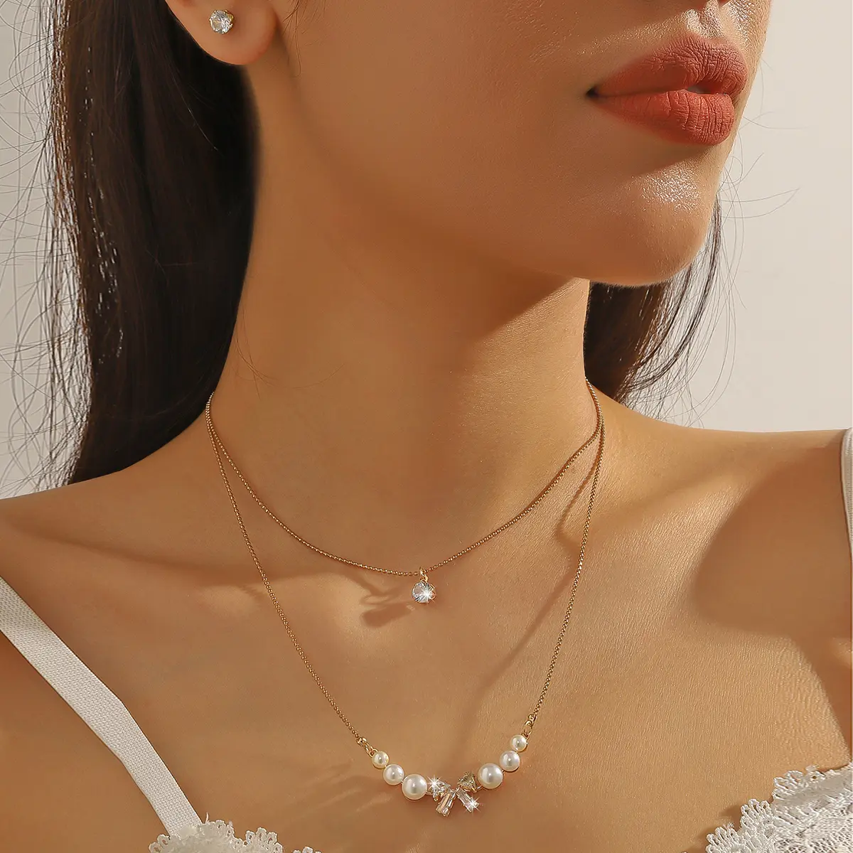 3PC women's fashionable and simple multi-layer pearl bow necklace, earring jewelry set, daily wear, party and holiday gifts