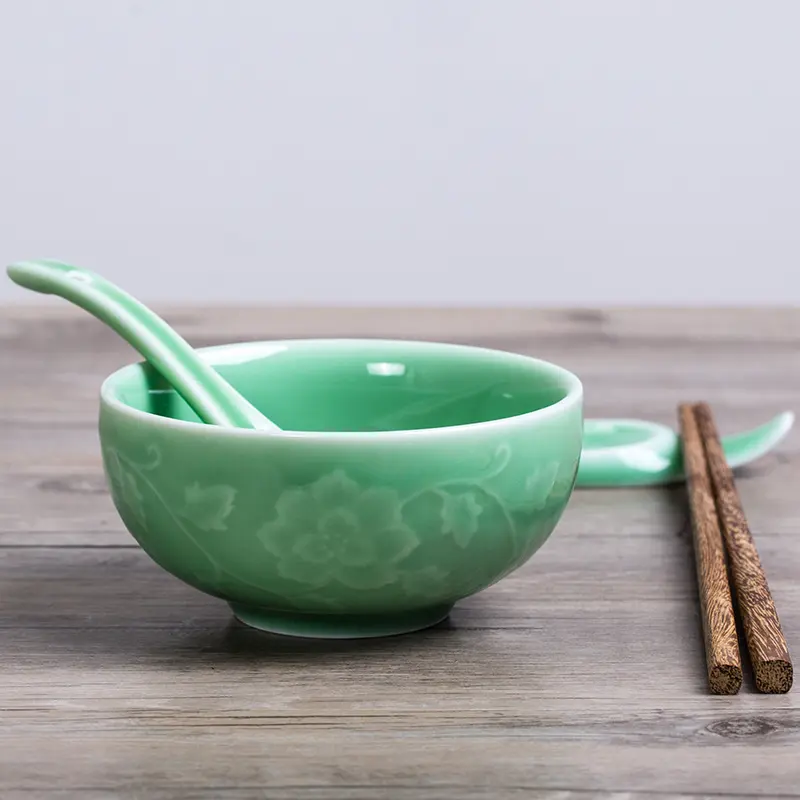 Celadon bowl for home rice bowl tableware ceramic bowl chinoiserie small retrostylish single thick bowl
