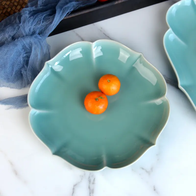 Celadon tableware soup plate chinoiserie plate home combination dish fish plate begonia flower shaped plate ceramic plate