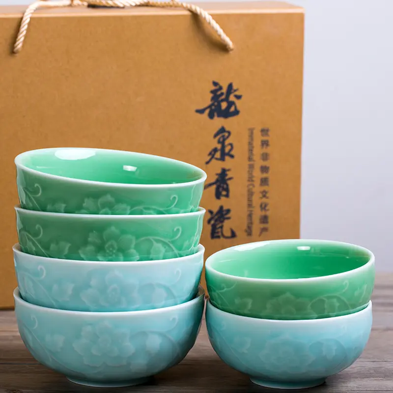 Celadon bowl for home rice bowl tableware ceramic bowl chinoiserie small retrostylish single thick bowl