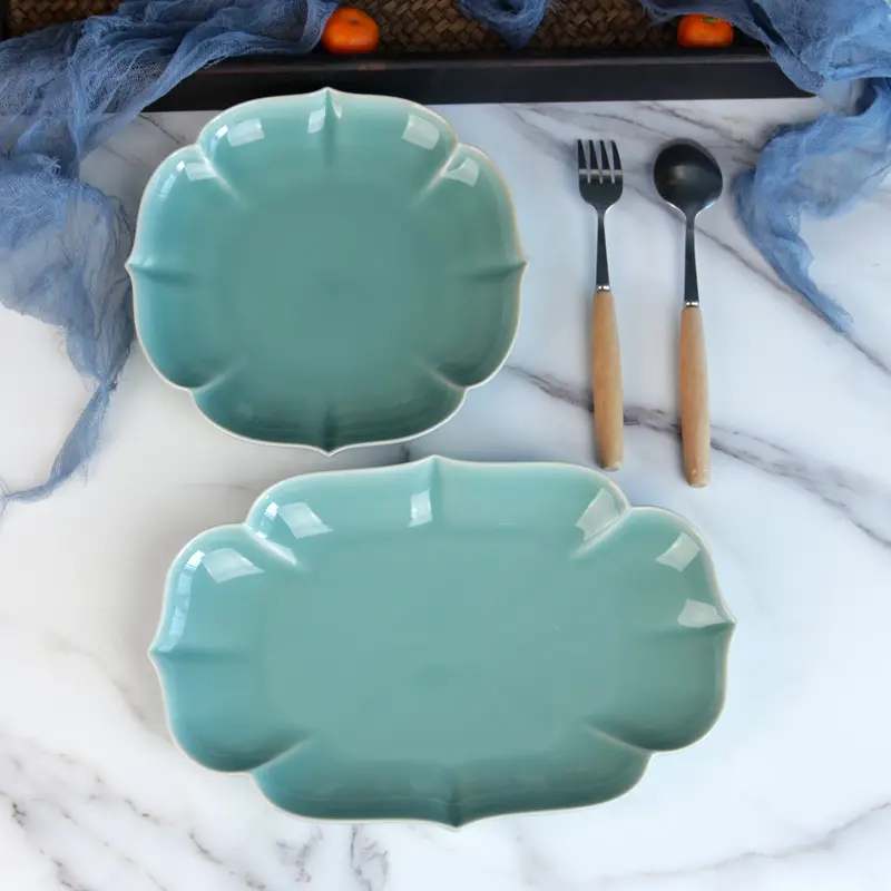 Celadon tableware soup plate chinoiserie plate home combination dish fish plate begonia flower shaped plate ceramic plate