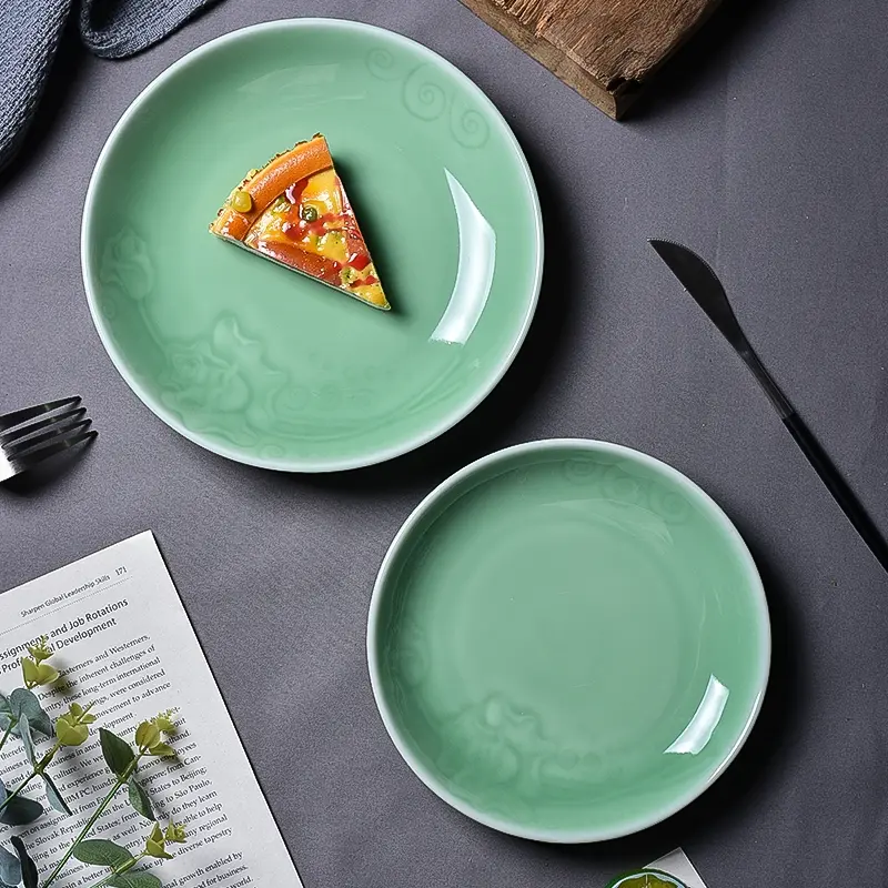 Celadon for home plate ceramic plate round deep plate ceramic tableware chinoiserie soup plate ceramic plate