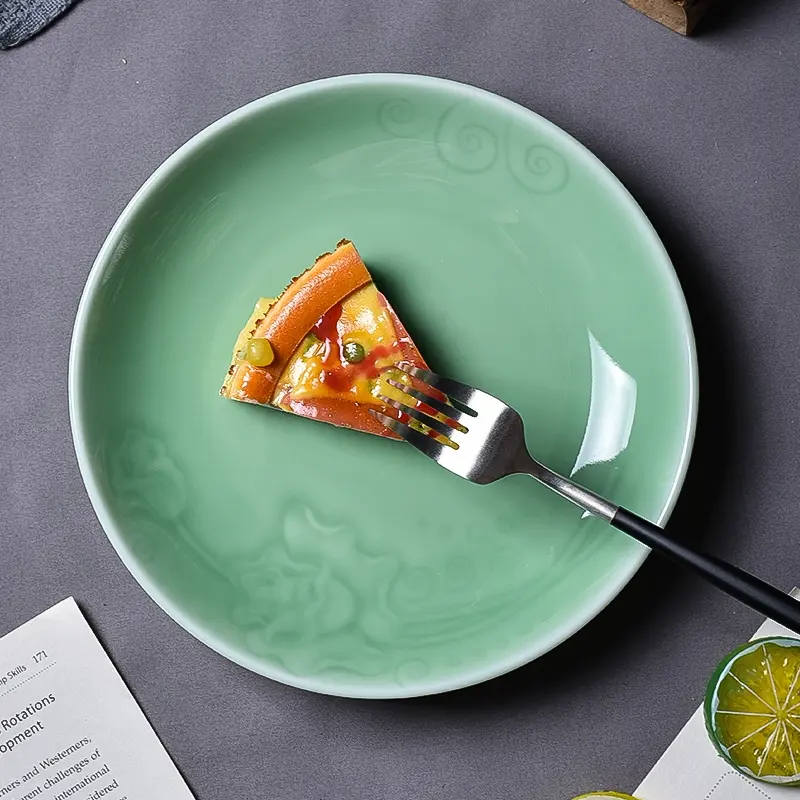 Celadon for home plate ceramic plate round deep plate ceramic tableware chinoiserie soup plate ceramic plate
