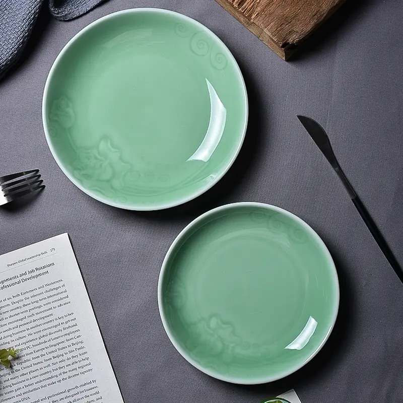 Celadon for home plate ceramic plate round deep plate ceramic tableware chinoiserie soup plate ceramic plate