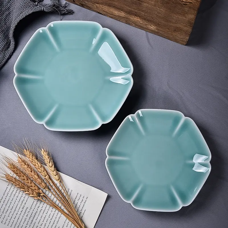 Celadon tableware plate liuliu shun chinoiserie dish plate pure color hexagonal plate ceramic plate