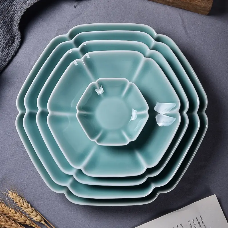 Celadon tableware plate liuliu shun chinoiserie dish plate pure color hexagonal plate ceramic plate