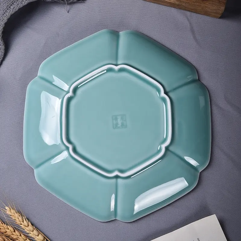 Celadon tableware plate liuliu shun chinoiserie dish plate pure color hexagonal plate ceramic plate