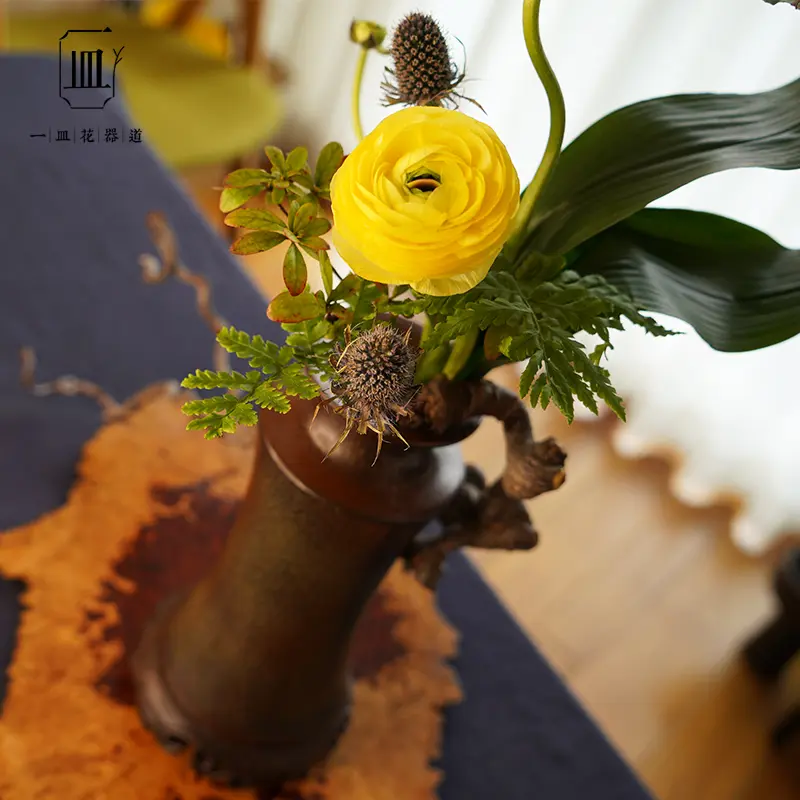 Lmitation Wood Fired Vase Chinoiserie Ceramic Flower Path Flower Arrangement Bottom Base Creative Vase